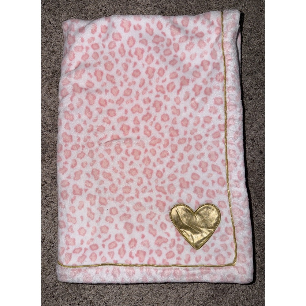 Just Born Girls Pink White Cheetah Leopard Gold Heart Plush‎ Fleece Baby Blanket